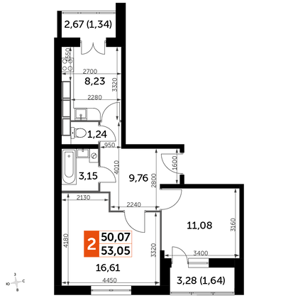 52,7 м², 2-комн. квартира, 15/19 этаж