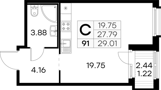 29 м², студия, 10/15 этаж