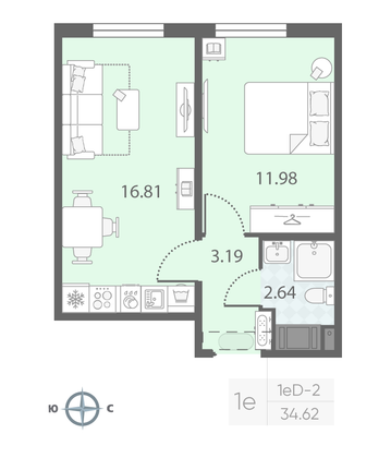 Продажа 1-комнатной квартиры 34,6 м², 12/23 этаж