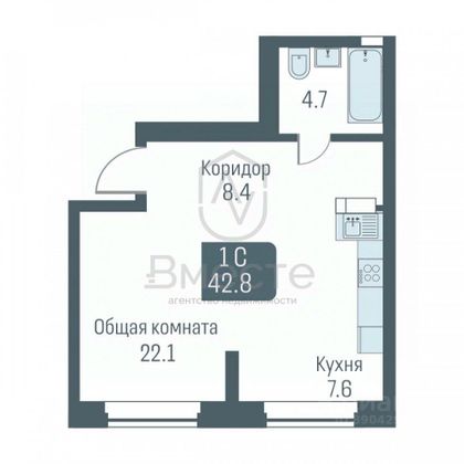 Продажа 1-комнатной квартиры 42,8 м², 2/24 этаж