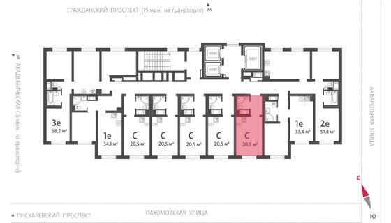 20,5 м², студия, 8/20 этаж