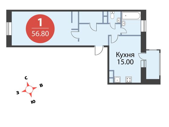 56,8 м², 1-комн. квартира, 2/8 этаж