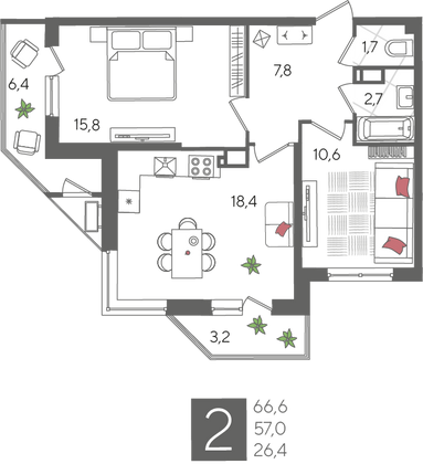 Продажа 2-комнатной квартиры 66,6 м², 16/24 этаж