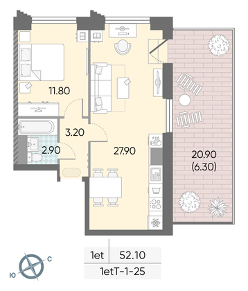 Продажа 1-комнатной квартиры 52,1 м², 25/58 этаж