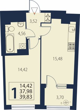 Продажа 1-комнатной квартиры 39,8 м², 23/25 этаж