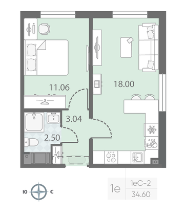 Продажа 1-комнатной квартиры 34,6 м², 5/23 этаж