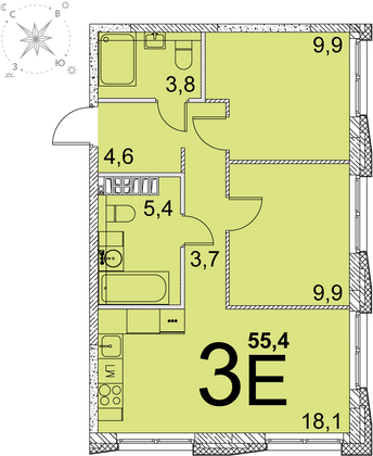 55,4 м², 2-комн. квартира, 25 этаж