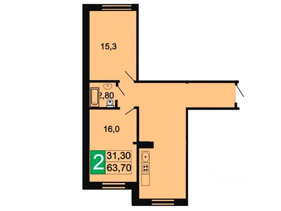 Продажа 2-комнатной квартиры 63,7 м², 2/3 этаж