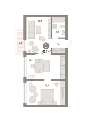 Продажа 1-комнатной квартиры 61,7 м², 7/8 этаж