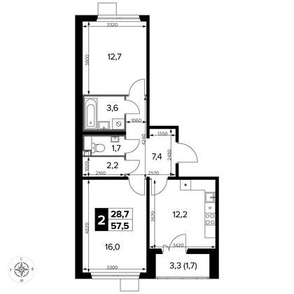 58,1 м², 2-комн. квартира, 13/15 этаж