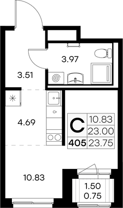 23,8 м², студия, 1/9 этаж