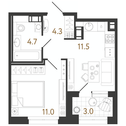 31,5 м², 1-комн. квартира, 3/14 этаж