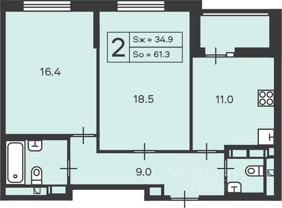 Продажа 2-комнатной квартиры 64 м², 5/13 этаж