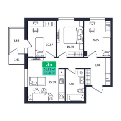 Продажа 3-комнатной квартиры 61,9 м², 5/8 этаж