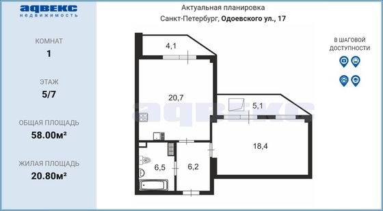Продажа 1-комнатной квартиры 58 м², 5/7 этаж