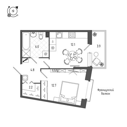 39,3 м², 1-комн. квартира, 2/12 этаж