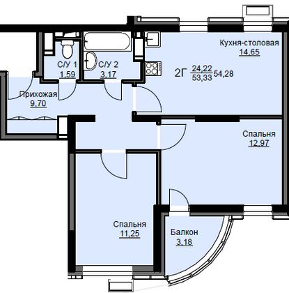 Продажа 2-комнатной квартиры 54,3 м², 14/17 этаж