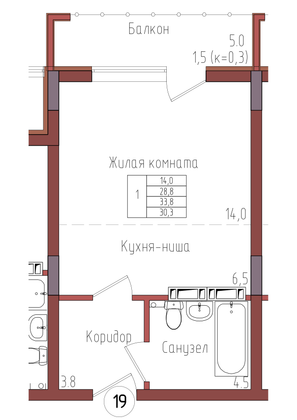 30,3 м², 1-комн. квартира, 3/9 этаж