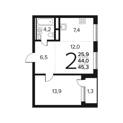 Продажа 2-комнатной квартиры 45,3 м², 8/12 этаж