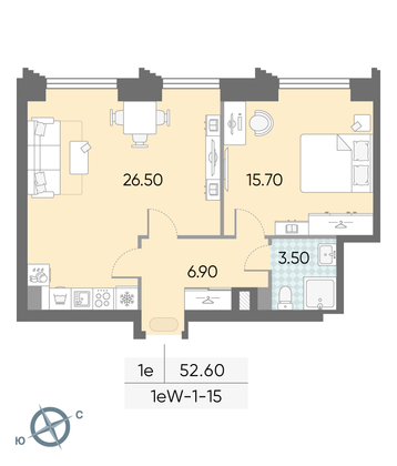 Продажа 1-комнатной квартиры 52,6 м², 15/58 этаж