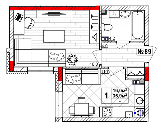 Продажа 1-комнатной квартиры 35,9 м², 2/4 этаж