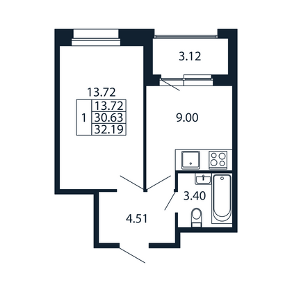 32,2 м², 1-комн. квартира, 2/12 этаж