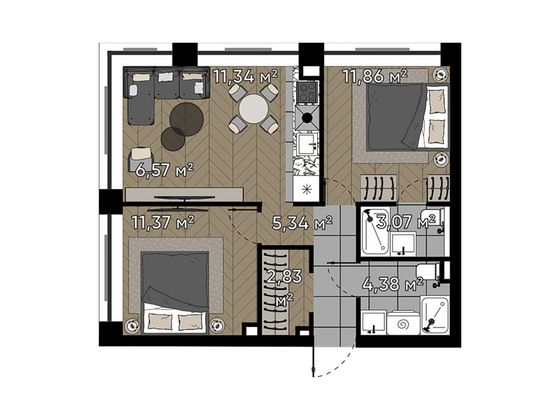 56,8 м², 3-комн. квартира, 11/25 этаж