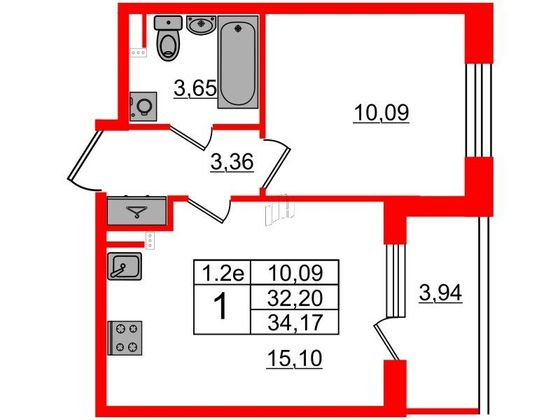 Продажа 1-комнатной квартиры 32,2 м², 3/5 этаж