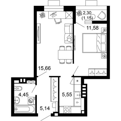 43,5 м², 2-комн. квартира, 2/10 этаж