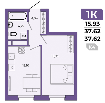 37,6 м², 1-комн. квартира, 20/20 этаж