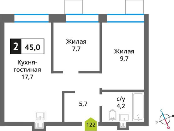 Продажа 2-комнатной квартиры 45 м², 2/9 этаж