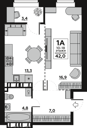 Продажа квартиры со свободной планировкой 44 м², 2/18 этаж