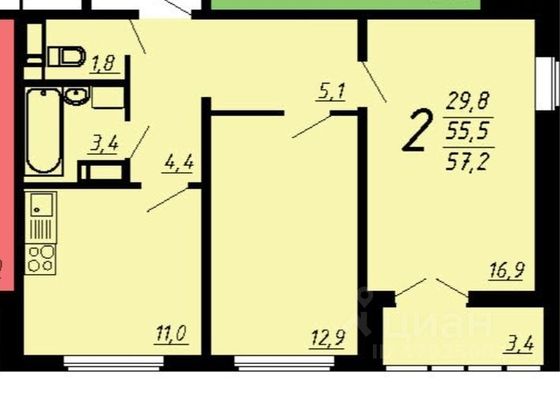 Продажа 2-комнатной квартиры 56,7 м², 5/20 этаж