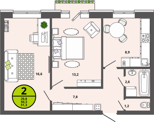 50,3 м², 2-комн. квартира, 2/3 этаж