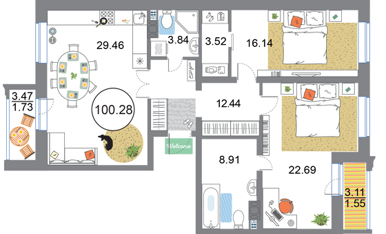 Продажа 2-комнатной квартиры 100,3 м², 10/12 этаж