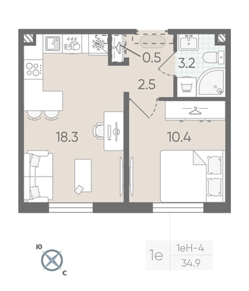Продажа 1-комнатной квартиры 34,9 м², 2/22 этаж