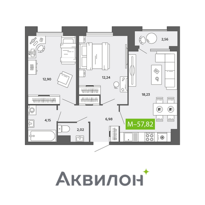 57,8 м², 2-комн. квартира, 11/16 этаж