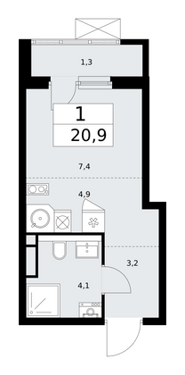 20,9 м², своб. планировка, 4/13 этаж