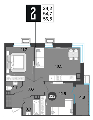 59,5 м², 2-комн. квартира, 4/9 этаж