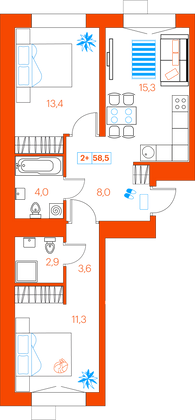 58,5 м², 2-комн. квартира, 8/21 этаж