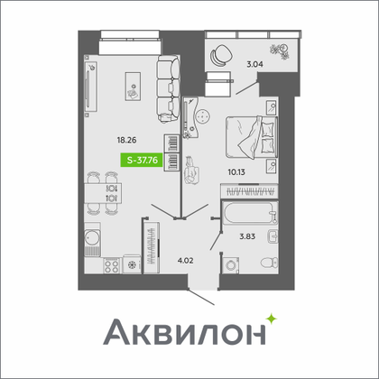 37,8 м², 1-комн. квартира, 6/11 этаж