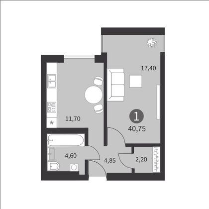 40,8 м², 1-комн. квартира, 2/15 этаж