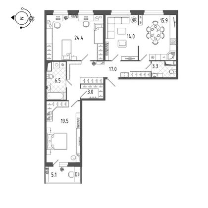 106,2 м², 3-комн. квартира, 12/19 этаж