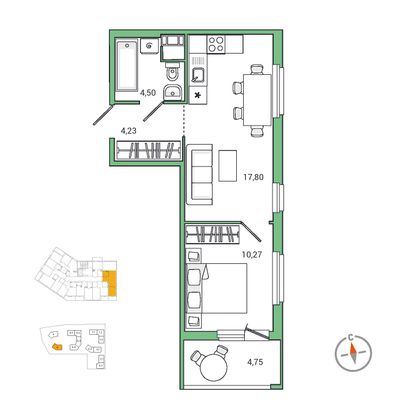 41,5 м², 1-комн. квартира, 2/7 этаж