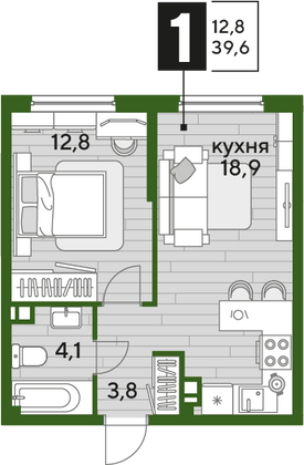 Продажа 1-комнатной квартиры 39,6 м², 3/16 этаж
