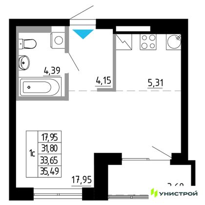 33,7 м², 1-комн. квартира, 8/27 этаж