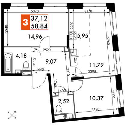 58,8 м², 3-комн. квартира, 10/15 этаж