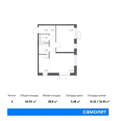 46,9 м², 1-комн. квартира, 13/15 этаж