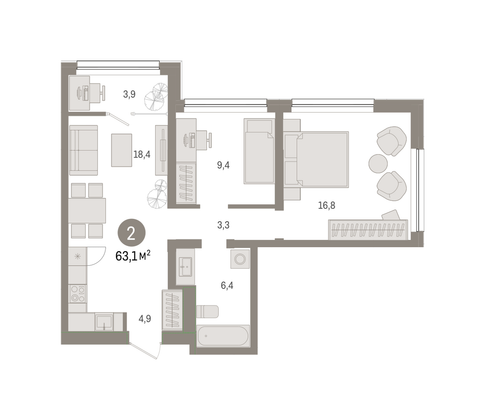 Продажа 2-комнатной квартиры 63,1 м², 3/8 этаж