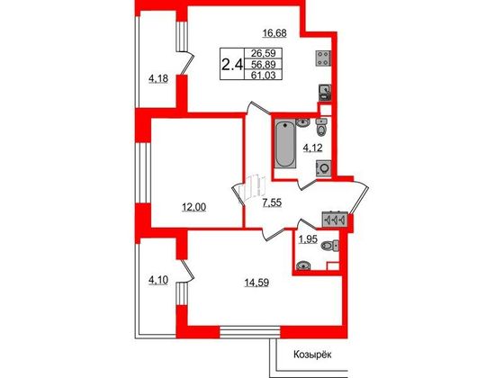 Продажа 2-комнатной квартиры 56,9 м², 1/15 этаж